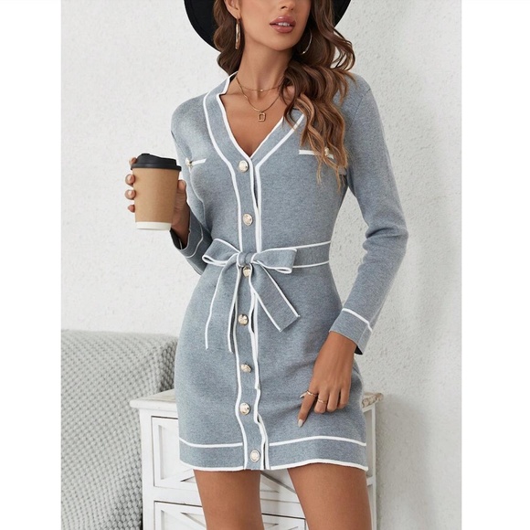 Grey Knit Belted Dress Long Sleeve, Button Through Contrast White Piping Trim - Picture 2 of 7